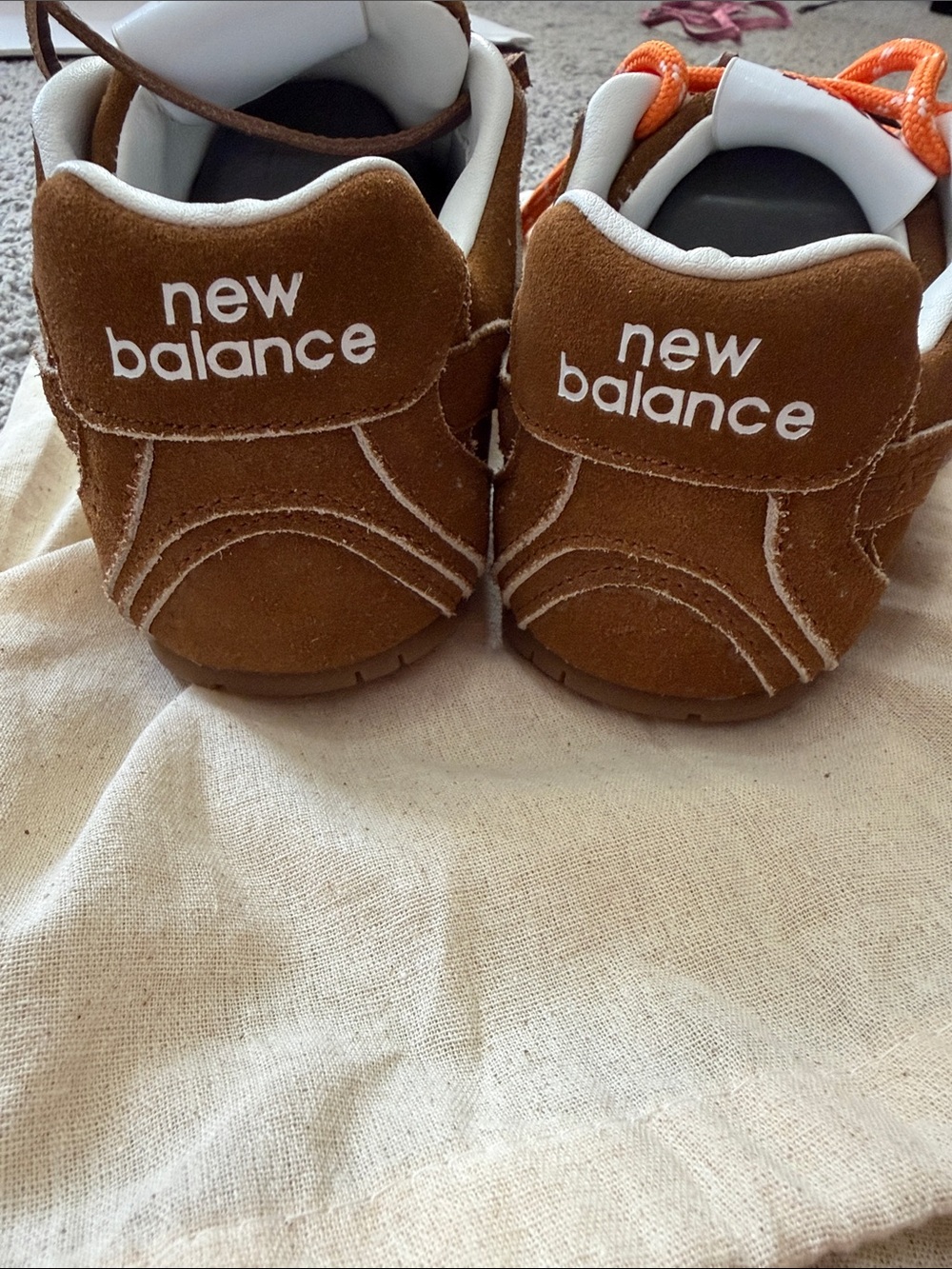 New Balance Brown Suede Sneakers with Orange and White Laces - Picture 7 of 7